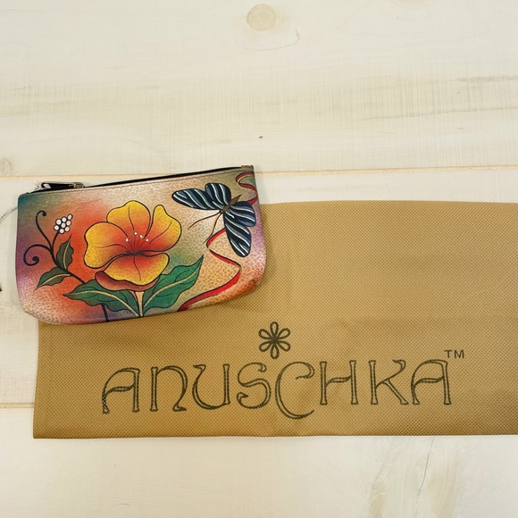 Anushka Hand Painted Leather Vintage Brown Orange Accessory Case Zip Rare - Picture 3 of 6